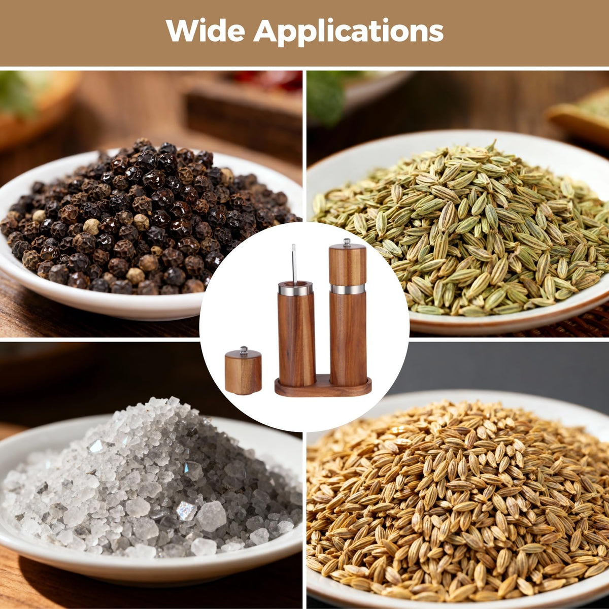 2 Pcs Wooden Salt and Pepper Grinder Set, Wood Pepper Shakers, Wooden Base, Refillable Sea Salt Grinder, 8.5 x 2.2 in
