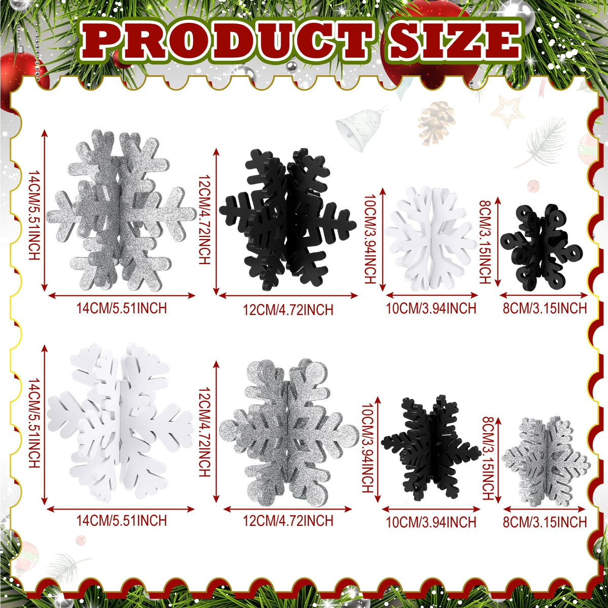 Wenqik 16 Pcs Winter Wooden Snowflake Decor Christmas Winter Snowflake Tabletop Decorations 3D Snow Table Signs Standing Centerpiece Xmas Tiered Tray Decorations for Party(White, Black, Silver)