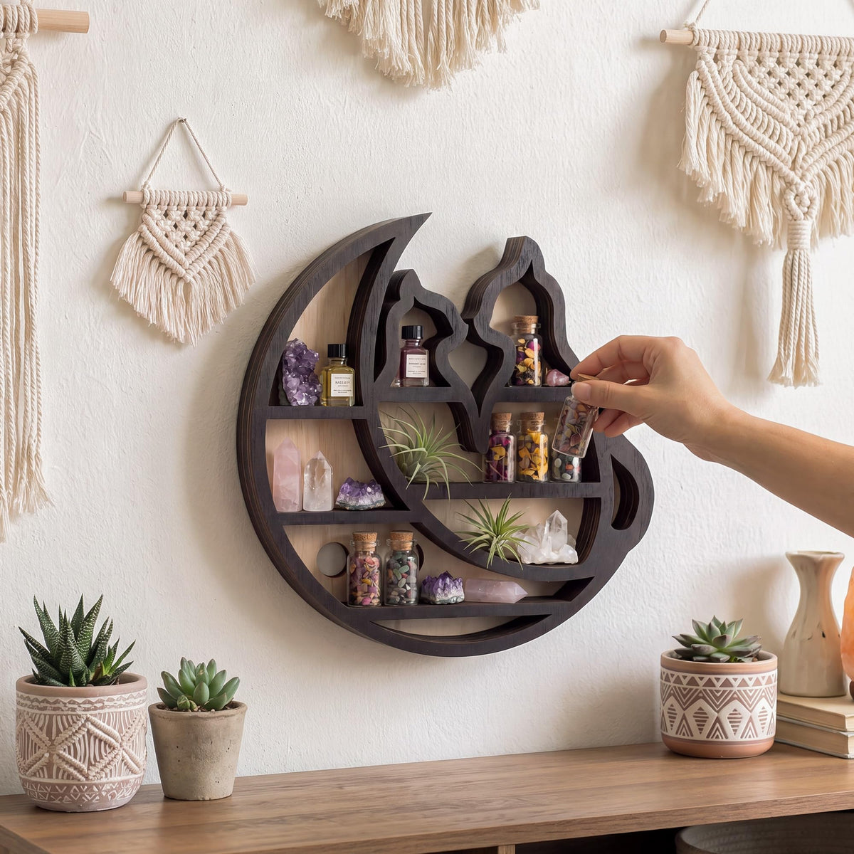 FNYDOX Crystal Display Shelf for Wall, Cats on the Moon Shelf, Crescent Moon Phase Cute Home Decor Wooden Rock Display Shelf Crystal Holder Stone Storage Aesthetic Hanging Floating Organizer