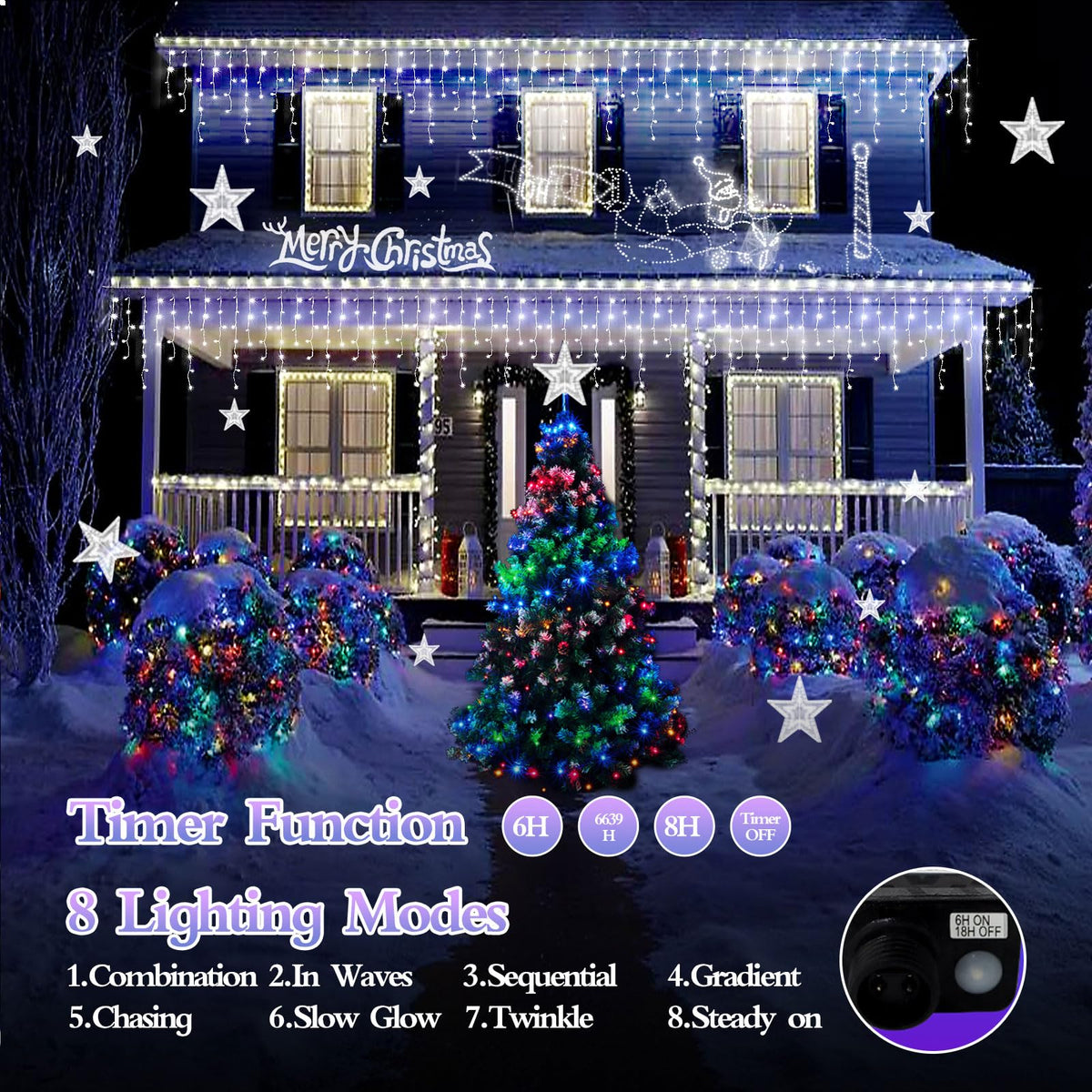 FLVOECN 480 LED 49FT Christmas Lights Plug in 8 Modes with Timer Dimmable Ice Lights Outdoor Waterproof Indoor Ice String Lights for Roof Porch Garden Holiday Wedding Xmas Decor (Cool White)