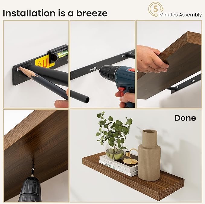 Fun Memories Floating Shelves for Wall, 40 Inch Long Set of 2 Rustic Wood Wall