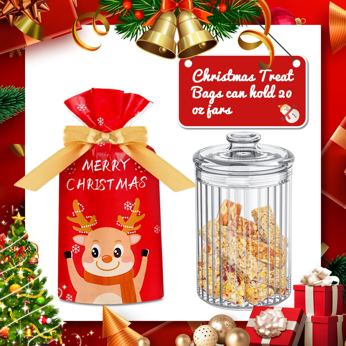 DLY 50 Pcs Christmas Candy Bag Treat Bags Candy Goodies Plastic Drawstring Gift Bags Merry Christmas Treat Bags for Birthday Party Snack