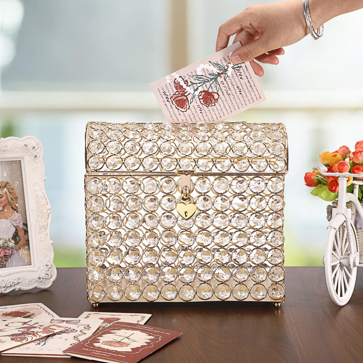 ELLDOO Crystal Wedding Card Box with Heart Lock, Money Card Box Treasure Chest Style Gold Gift for Wedding Receptions Centerpiece Decor Anniversary Keepsake Gift Display Csae, Medium