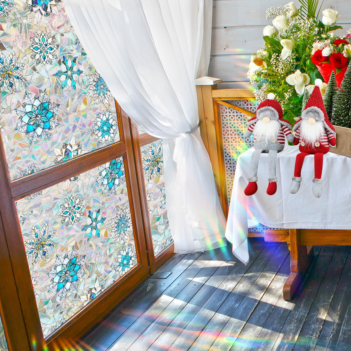 Christmas Snowflake Window Film Stained Privacy Rainbow Window Sticker Christmas Blue White Snowflake Designs Xmas Glass Decals Static Cling for Home Office School Holiday Party Decor