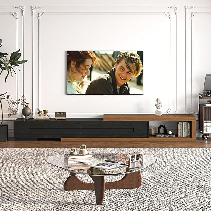 Extendable TV Stand with 2 Drawers, Long Reversible Entertainment Center with