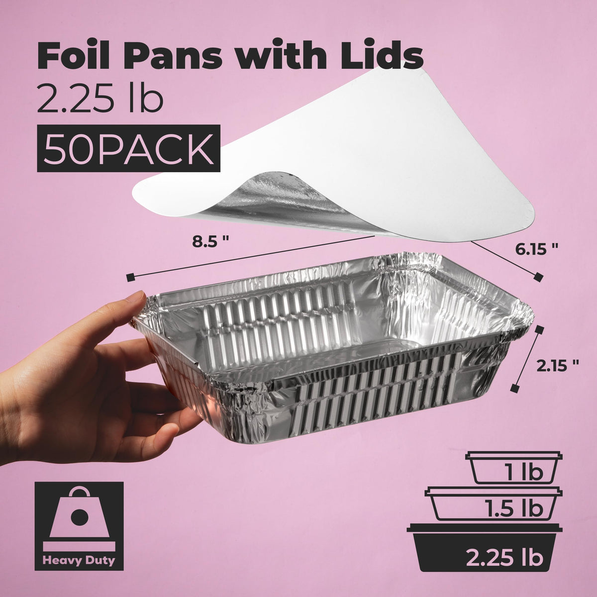 Fit Meal Prep 50 Pack 2.25 lb Aluminum Foil Pans with Lids, Disposable Take Out Food Containers with lids for Freshness and Spill Proof, 8.5 x 6 x 2 Disposable Cookware for Catering, Restaurants