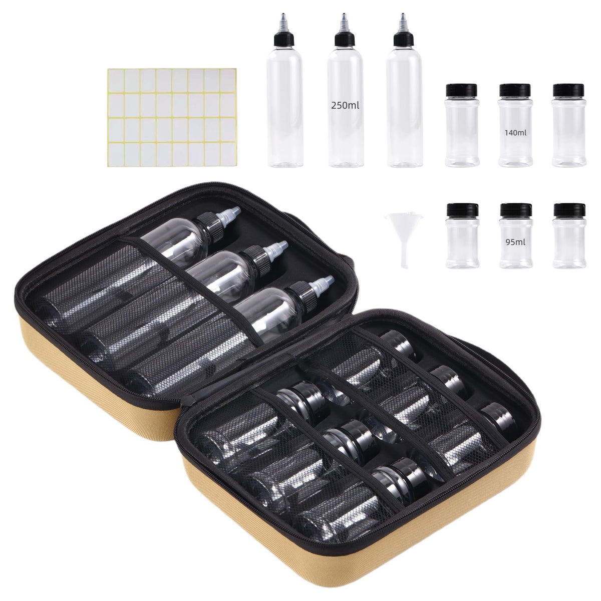 11-Piece Camping Spice Kit - 6 Powder & 3 Liquid Containers with Leakproof Lids, Portable funnel, EVA Hard Case - Portable Seasoning Set for Hiking, BBQ, RV Travel - BPA-Free PET Bottles