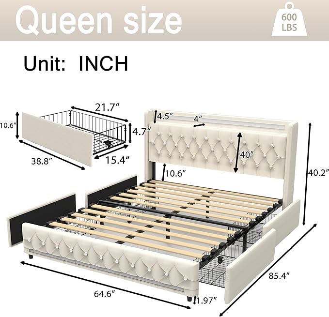 Music Player Bed with Bluetooth Speakers, Queen Size Smart Bed, USB&Type C