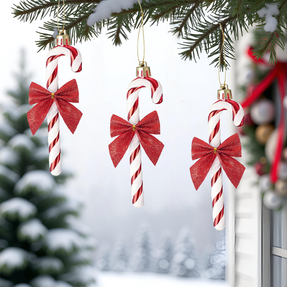 HERZWILD 12Pcs Christmas Glitter Candy Cane with Bow Red Plastic Candy Cane Decoration Christmas Tree Hanging Ornament for Holiday Party Decoration Favor(Red Bow)