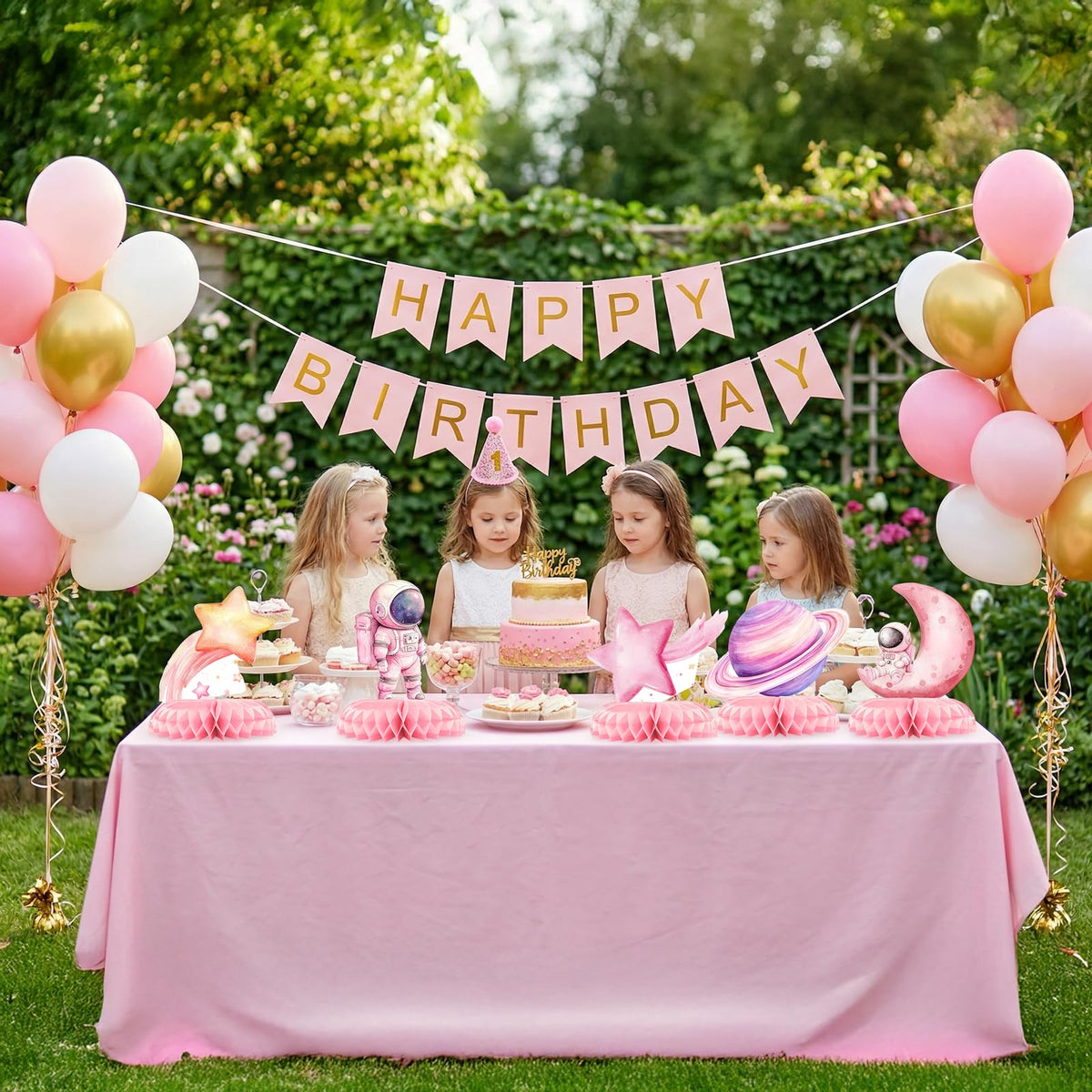 12 Pcs Pink Space Baby Shower Decorations for Girl - Outer Space Girl Party Supplies - Pink Astronaut Rocket Moon Star Centerpieces for Tables - Galaxy Honeycomb Table Decor for Baby Shower