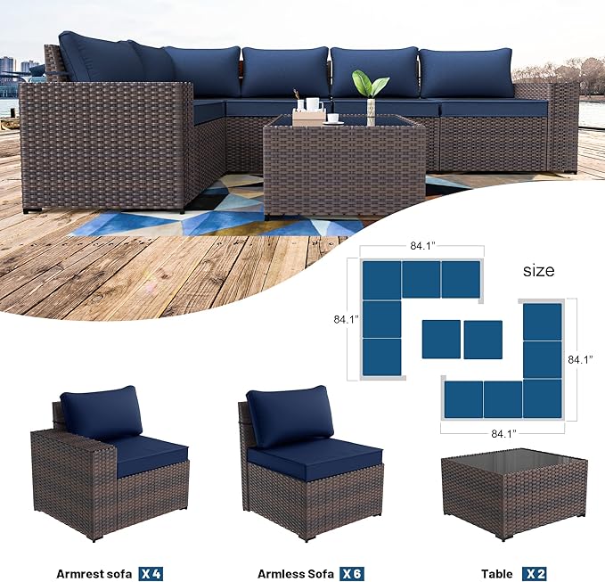 Kullavik Outdoor Patio Furniture Set, 12 Pieces Sectional Rattan Sofa Set Brown