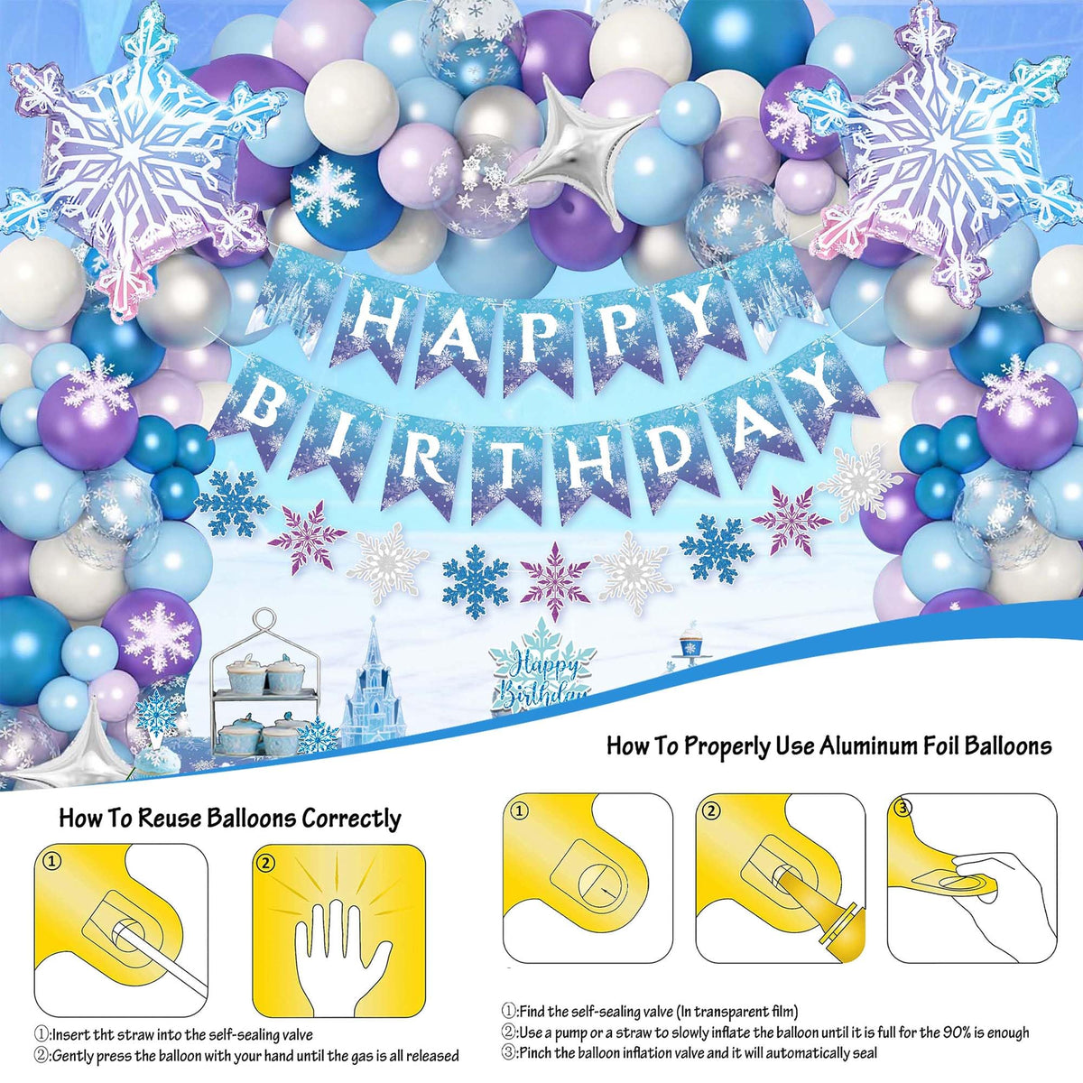 Frozen Birthday Decorations for Girls,Happy Birthday Banners,Blue Purple Balloon Arch Garland Kit,Party Decor Supplies,Foil Snowflake Balloons,Tablecloth