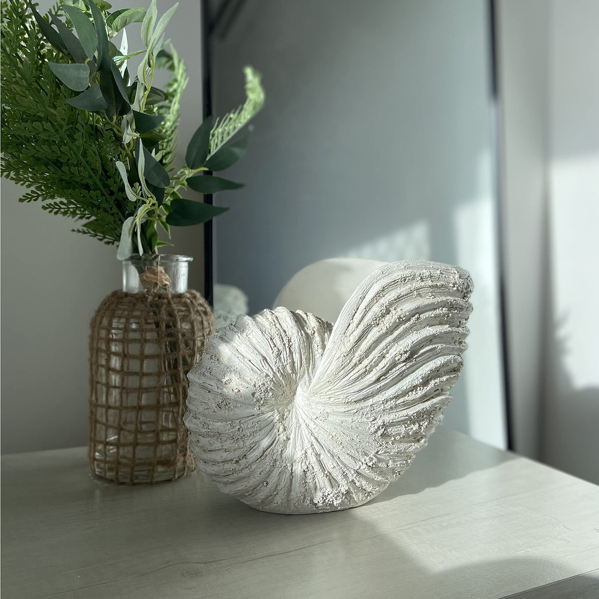 Huey House Nautilus Shell Sculpture - Replica Beach Themed Ocean Decor for Home - Rustic White Resin 10¼" x 6" x 8" Crafted Coastal Seashell Shelf Decor Gift-Boxed
