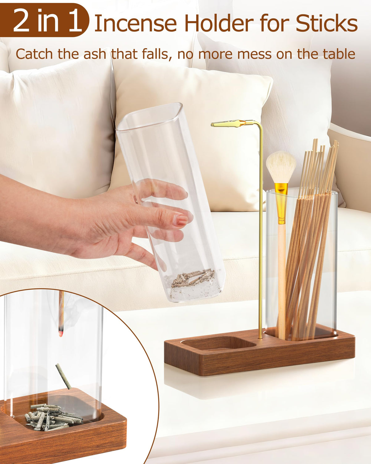 2 in 1 Incense Holder with 7.8" & 5.9" Glass Jars, Large Incense Holder for Sticks, Upside Down Incense Burner with Ash Catcher & Storage for Meditation Yoga Spa Home Decor - 20 Incense Sticks & Brush