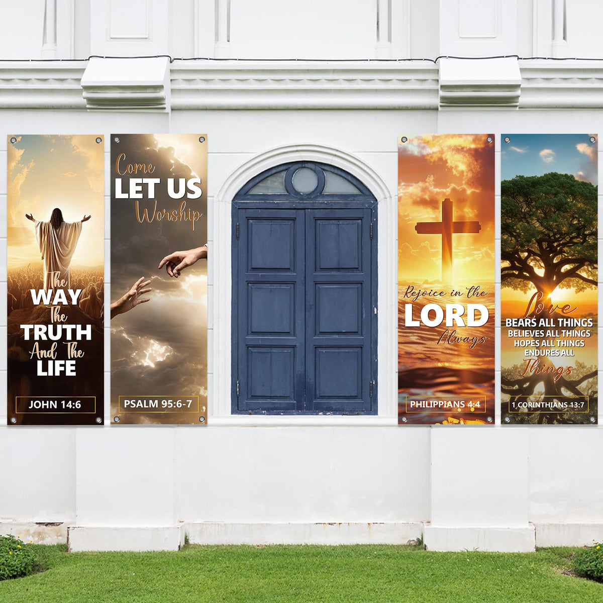 4Pcs Church Banners for Sanctuary Wall Welcome Religious Banners Hanging Backdrop Sanctuary Church Hanging Signs Bible Verses Banner Scripture Church Hanging Signs for Church School Decor
