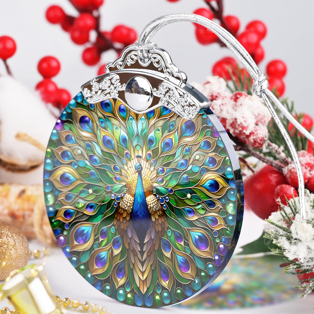 Peacock Christmas Ornament - Stained Glass Hanging Tree Decoration, Holiday Home Decor, Gift Idea - Peacock in Its Pride