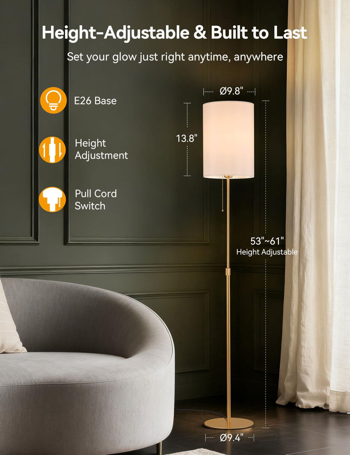 Tubicen Slim Floor Lamp Gold Fabric Tall Lamp with Pull Chain Dimmable Thin Standing Light 61" Adjustable Mid Century Modern Narrow Floor Lamp for Living Room Bedroom Office