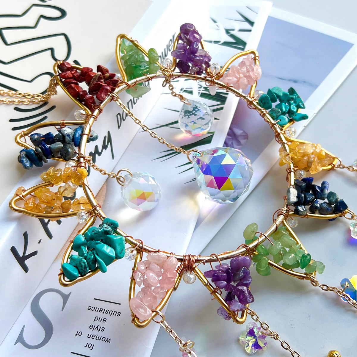 7 Chakra Crystal Sun Catcher Hanging Decor, Rainbow Maker with 3 K9 Crystal Prism Balls & Natural Crystal Stone, Wall and Window Decor Ornament for Home, Bedroom, Balcony, Handmade Gift.