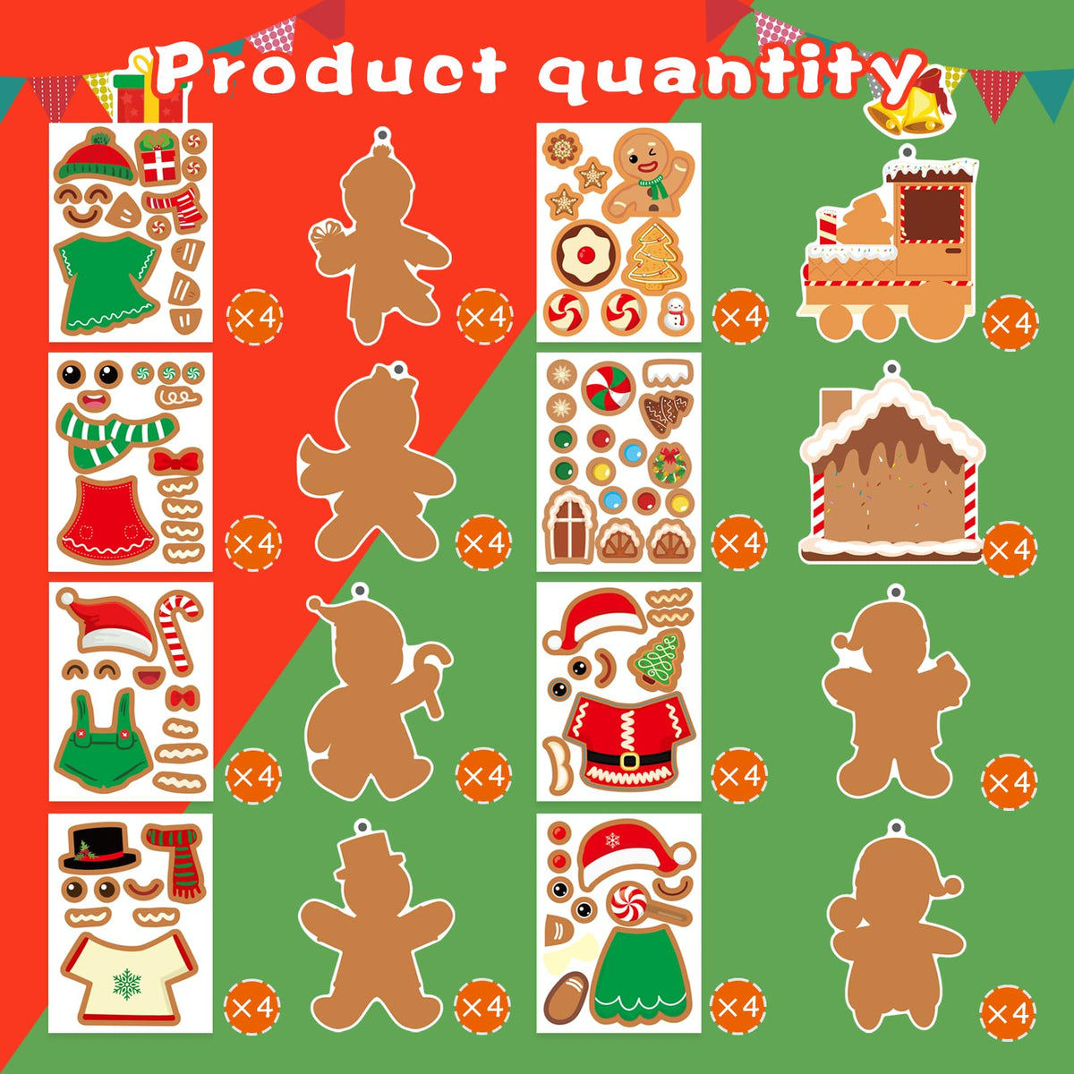 Christmas Gingerbread Man Craft Kit for Kids, Make a Gingerbread House Hanging Ornament Sticker Kit, Christmas Party Favor Home Classroom Activity(24 Sets)