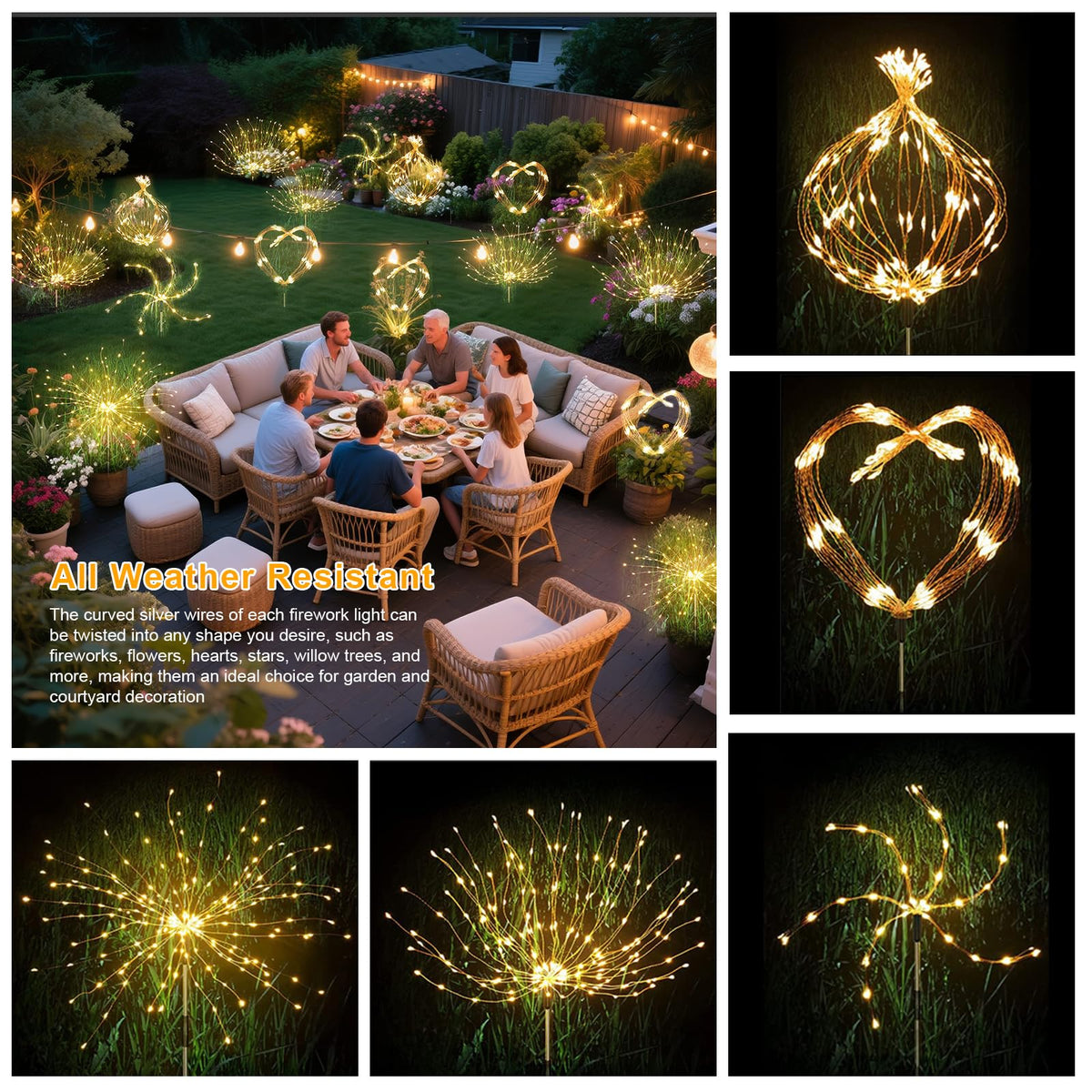 Aureate Horizon Solar Garden Firework Lights Outdoor Waterproof, 2 Pack Solar Lighting with 8 Lighting Modes, 120 LED Sparklers String Lights for Outside Decor Yard Pathway Decorations(Warm)