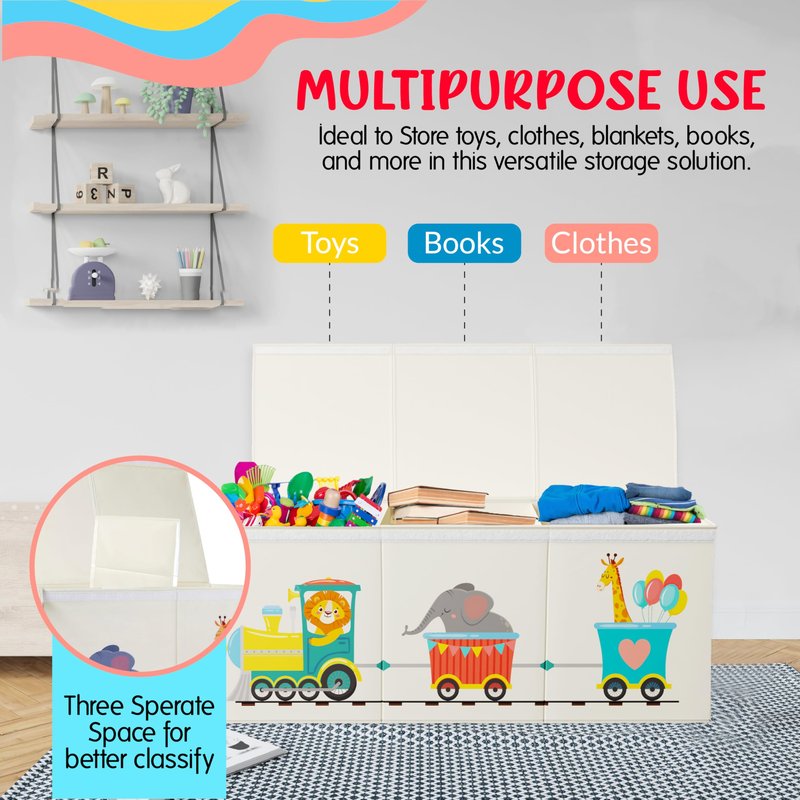 Rossoff Extra Large Collapsible Sturdy Toy Storage Organizer with Lids, Animal Train Toy Box for Boys Girls, 40"x16"x16", Modern, Beige