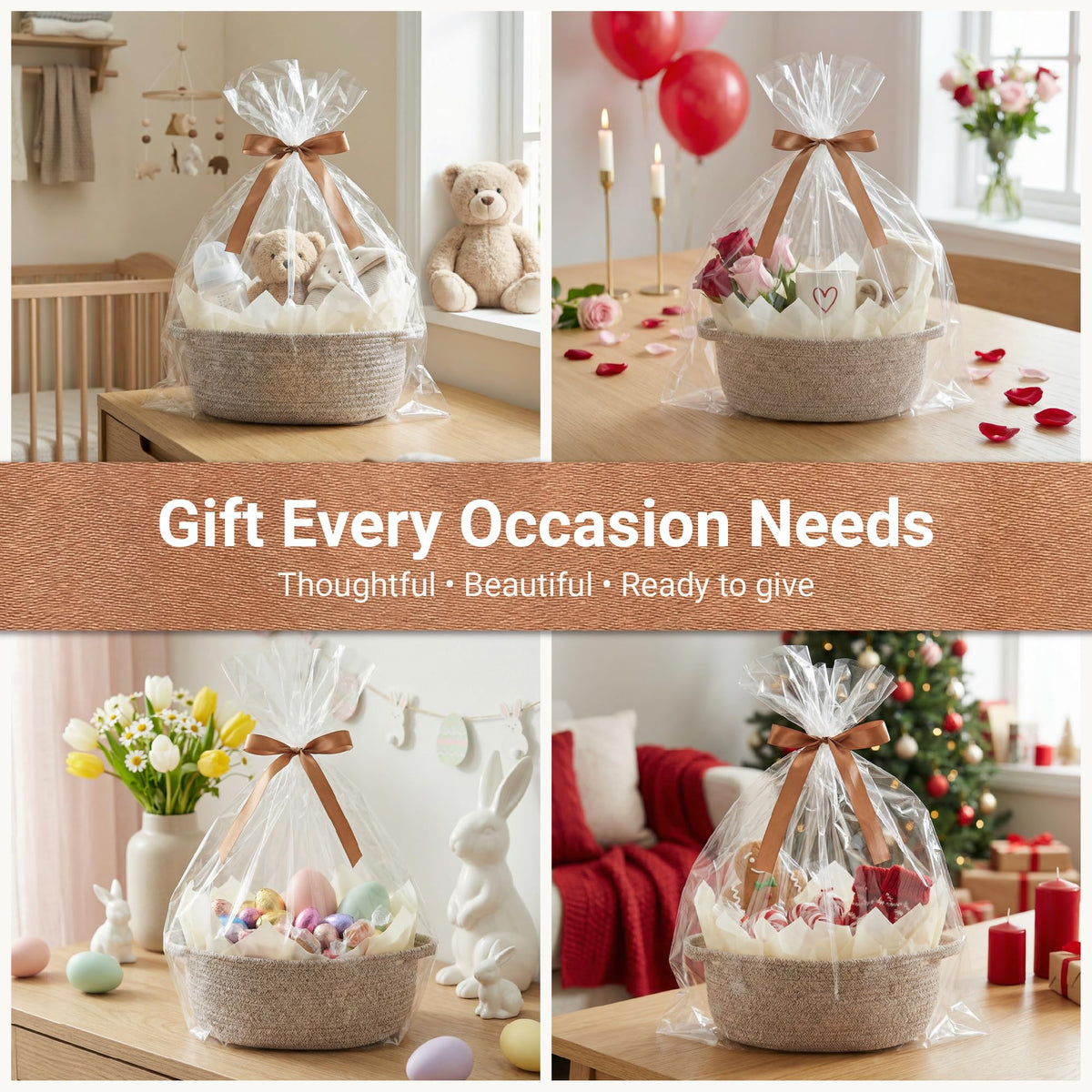 VIRETH HAUS 4 Pack Small Woven Baskets with Gift Bags, Ribbons, Wrap Tissue Papers – Gift Baskets Empty to Fill for Valentines, Baby Shower, Easter, Christmas Day, Decorative Storage Bins for Toys