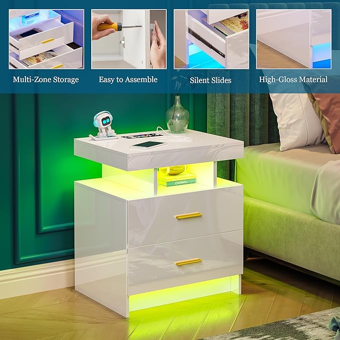 WOOVIVS Night Stand with Light, High Gloss Nightstand with USB/Wireless
