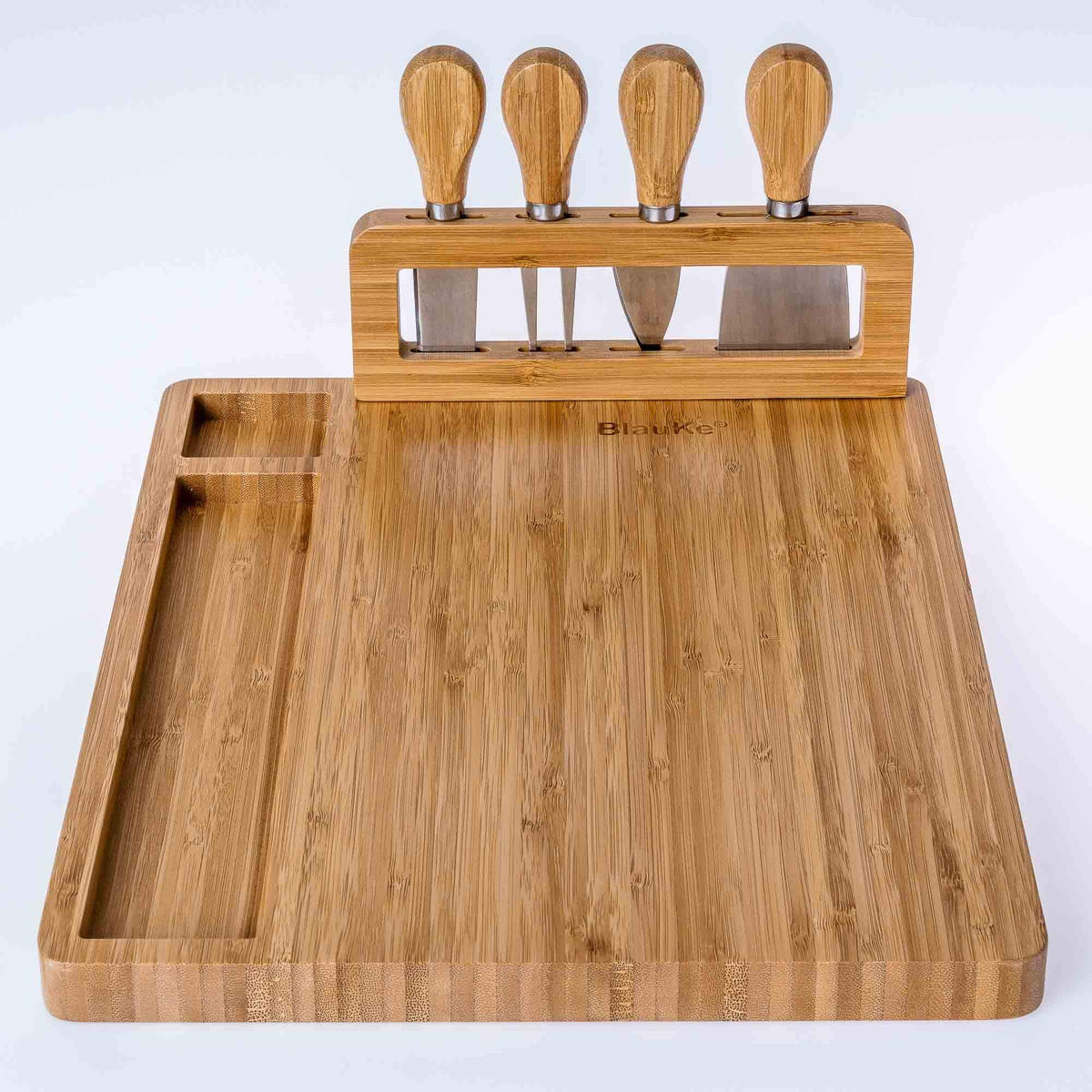 Bamboo Cheese Board and Knife Set 14x11 inch – Wood Cheese Cutting Board, Serving Tray Platter, Charcuterie Board Set with 4 Cheese Knives – BlauKe®