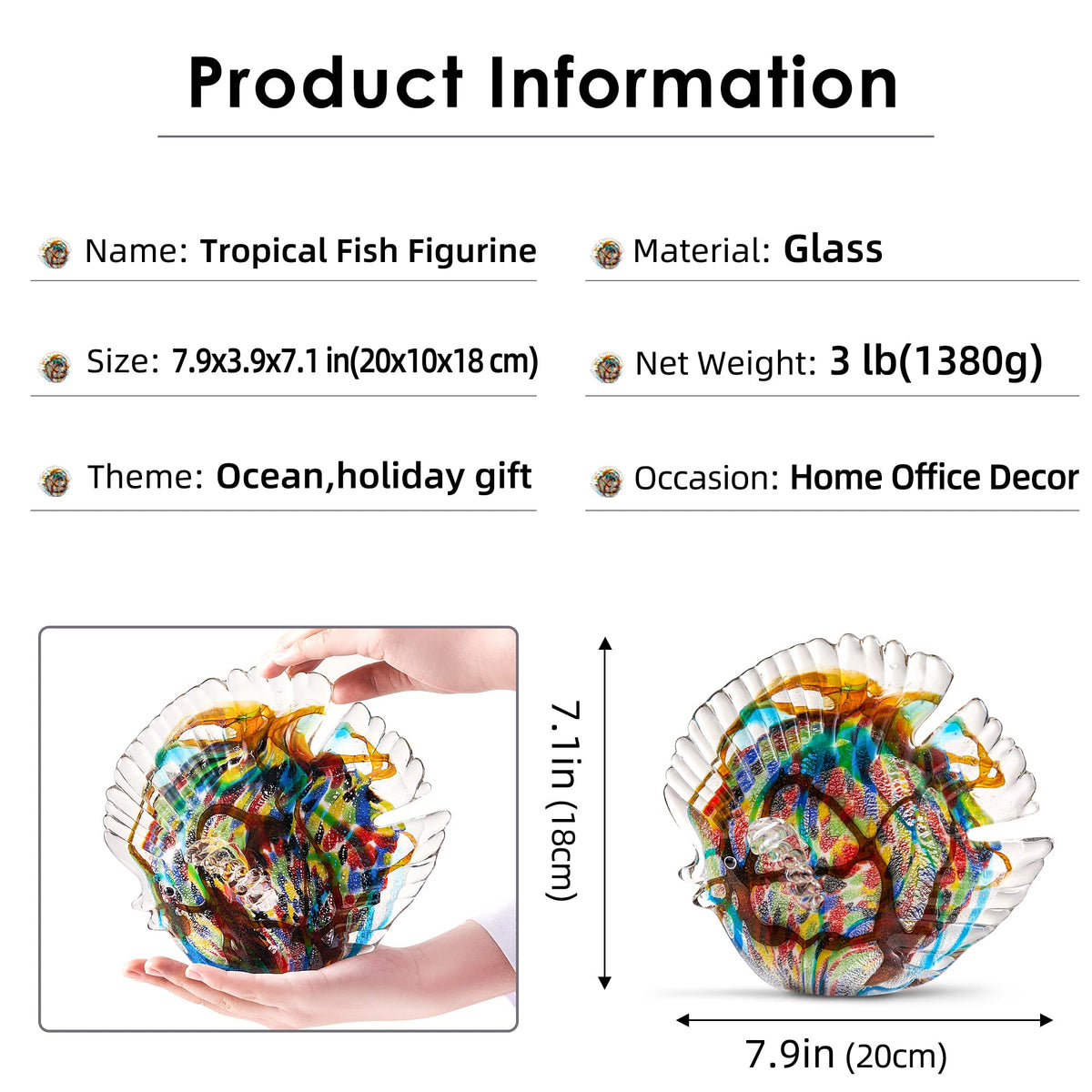 EUSTUMA Hand Blown Glass Tropical Fish Figurines Ornament,Sea Animal Sculpture for Fish Tank Aquarium,Sea Animals Collection for Birthday Gift,Glass Sculpture