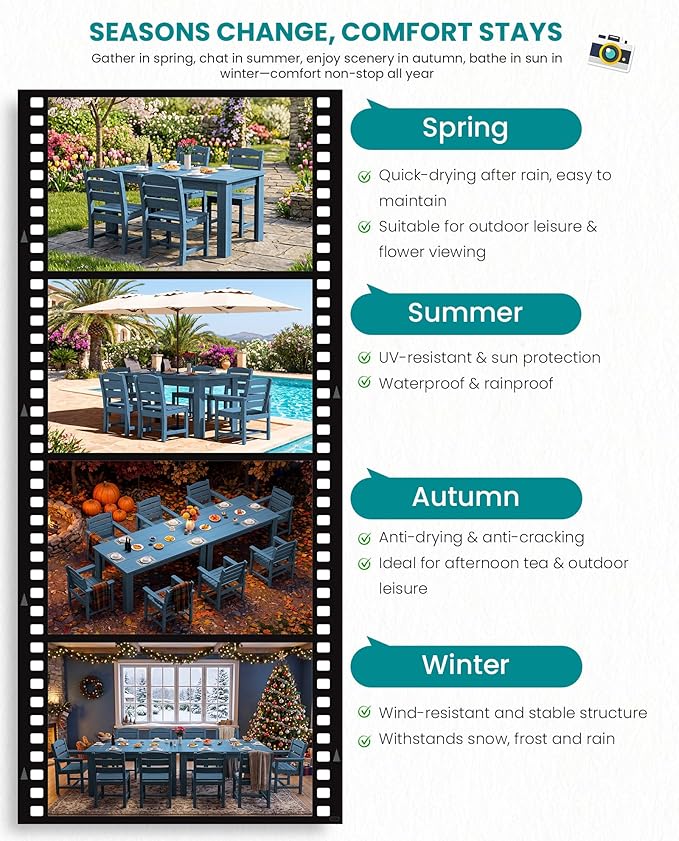 SERWALL HDPE Dining Set for 8: 2 Umbrella Hole Tables + 8 Chairs. Includes 8