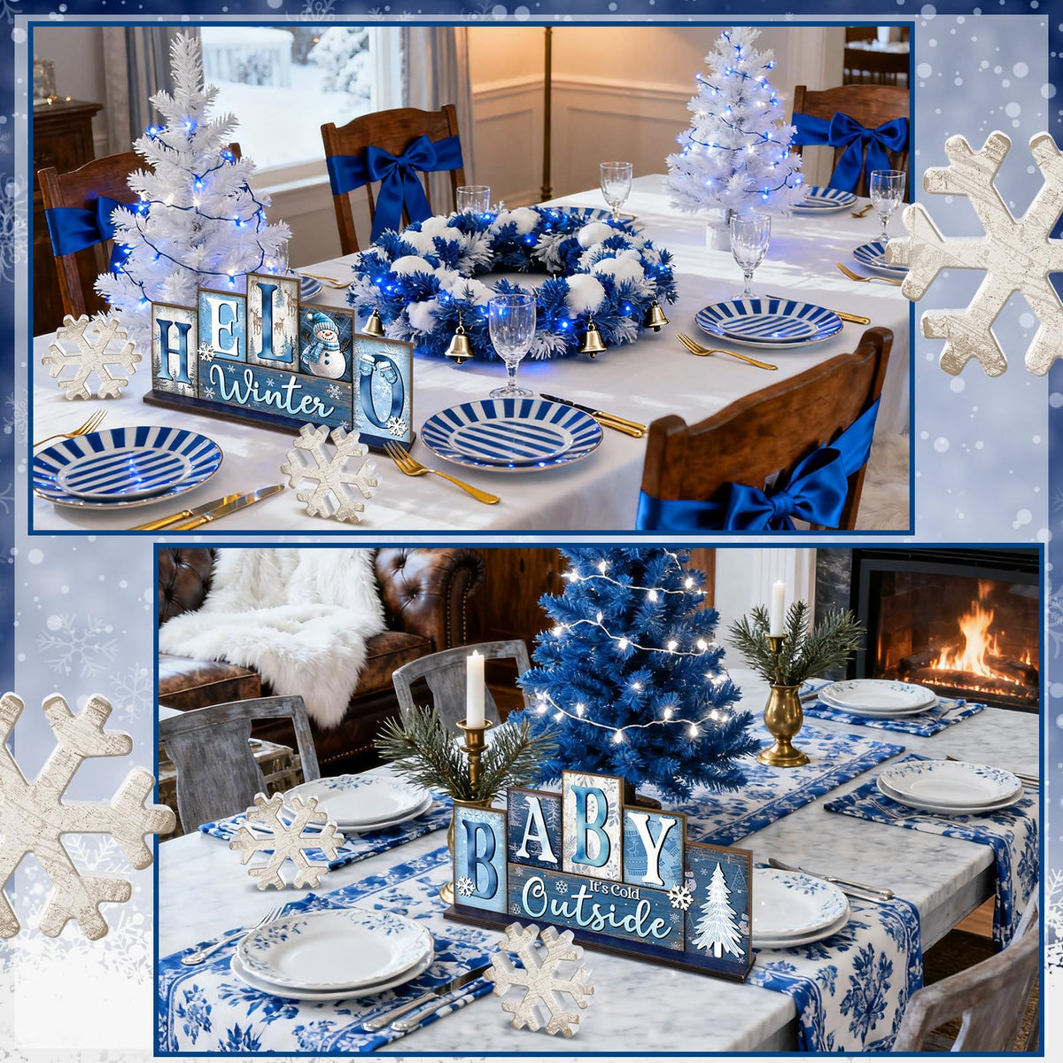Thyle 3 Pcs Winter Wooden Table Decor Reversible Hello Winter Baby It's Cold Outside Centerpiece Blue and White Tray Decor Double Side Snowflake Blocks Sign for Farmhouse Tabletop Home Office Shelf
