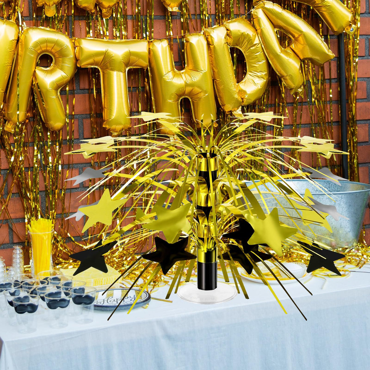 Memorywuu 6 Pcs Black and Gold Centerpieces for Tables Star Party Decorations Metallic Foil Spray Centerpieces for Birthday Event Photo Booth Props, 8.7 Inch Tall
