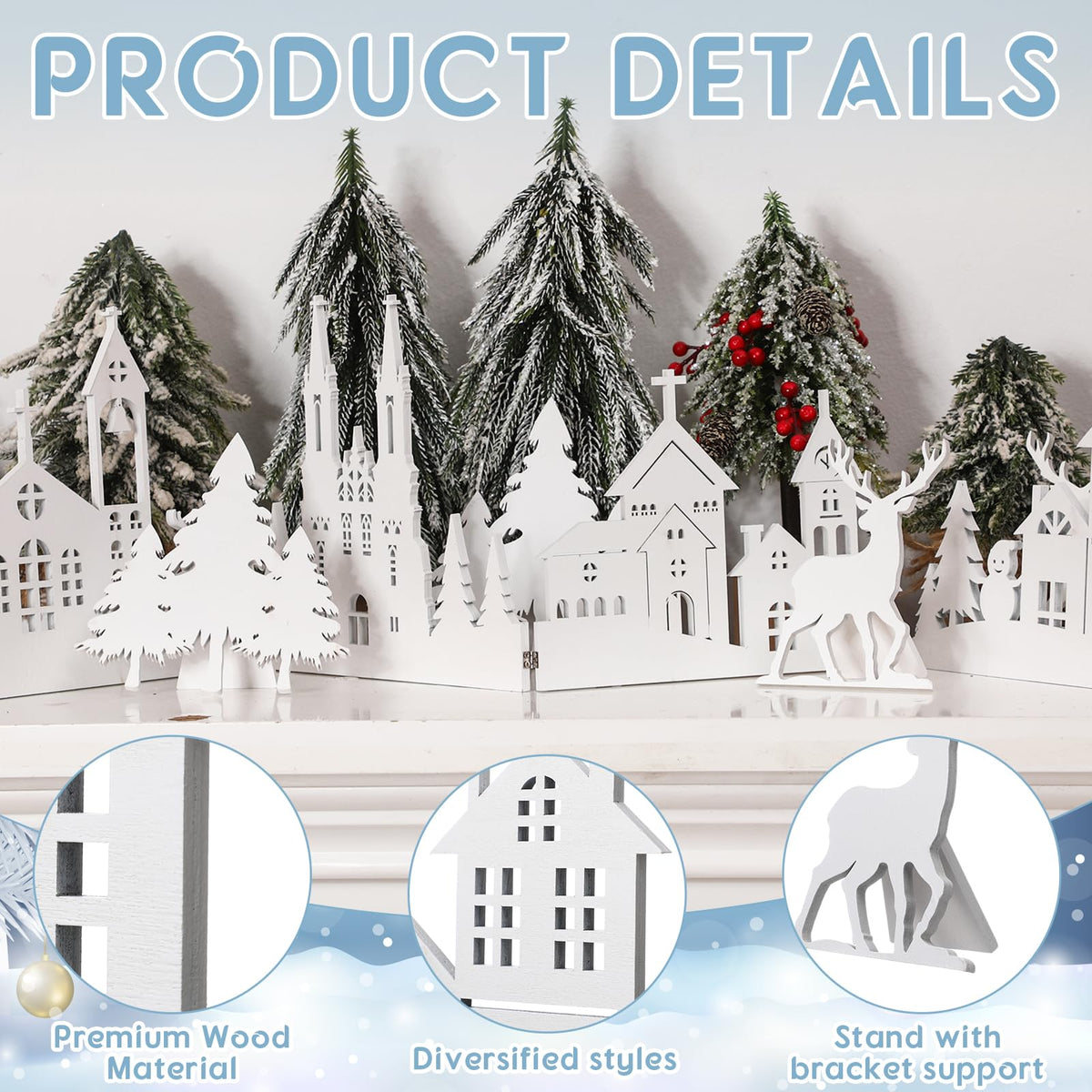 Colingmill 32 Inch Christmas Tabletop Decoration Wooden Christmas Themed White Church Xmas Tree and Elk Signs Farmhouse Centerpiece Decor for Home Kitchen Table Shelf Decor