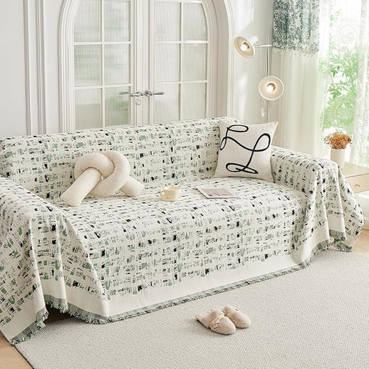DREAMINGO Abstract Chenille Couch Cover Blanket Beige Green Black Boho Sofa