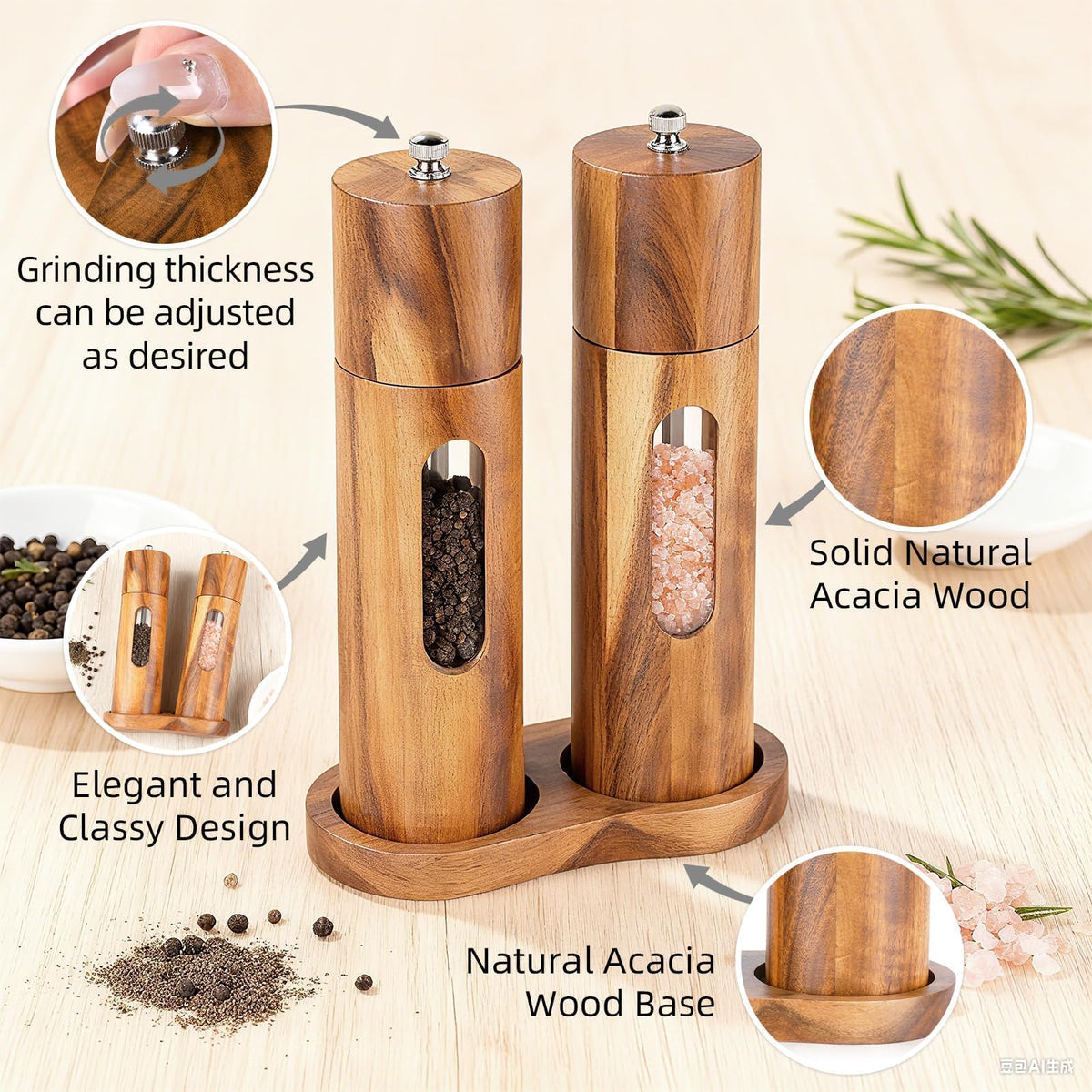 Acacia Wood Salt and Pepper Grinder Set with Base, Refillable Wooden Pepper & Salt Mill with Adjustable Ceramic Grinder for Kitchen & Dining,Durable Manual Salt Grinder