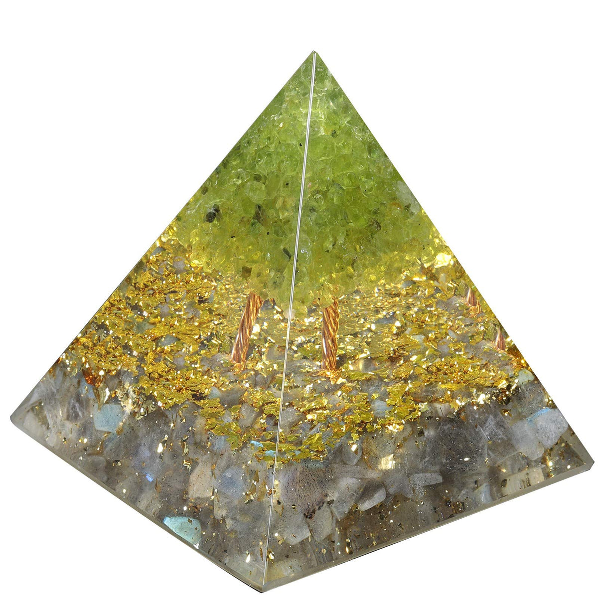 mookaitedecor Tree of Life Peridot & Labradorite Crystal Orgone Pyramid Energy Generator Stone for Chakra Reiki Balancing Protection