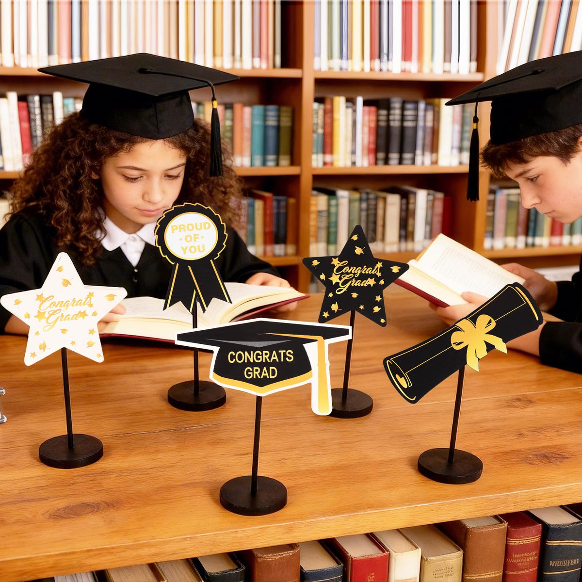 2026 Graduation Decorations, 5Pcs Black Gold White Wooden Table Centerpieces Decor Include Grad Cap Diploma Star Supplies Medal Sign, of Congrats Graduation Day Class Party Decoration.