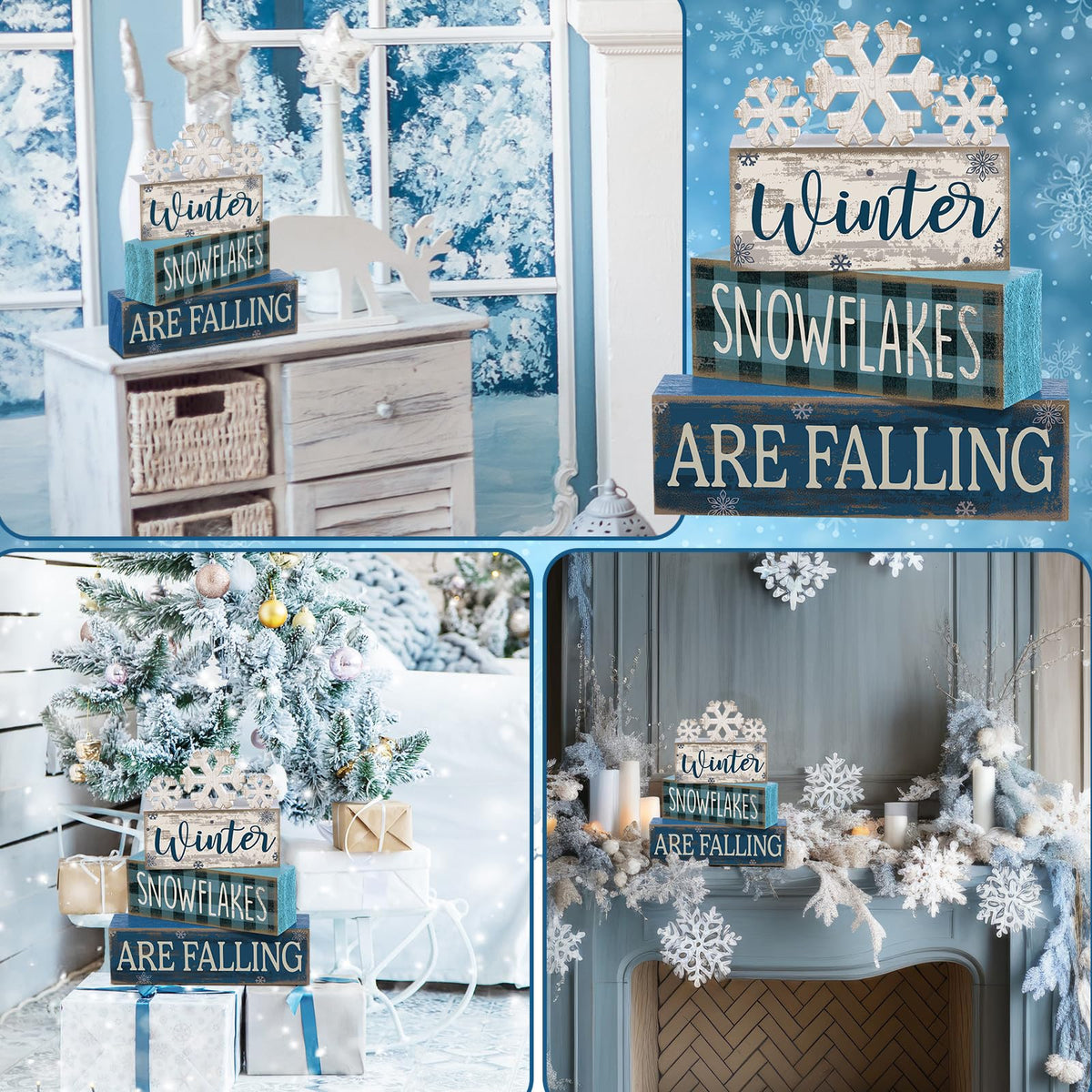 Yuntau 6 Pcs Winter Snowflakes Table Decorations Christmas Snowflake Centerpieces for Tables Winter Tiered Tray Decor Rustic Wood Snow Sign Farmhouse for Wonderland Party Kitchen Shelf Home