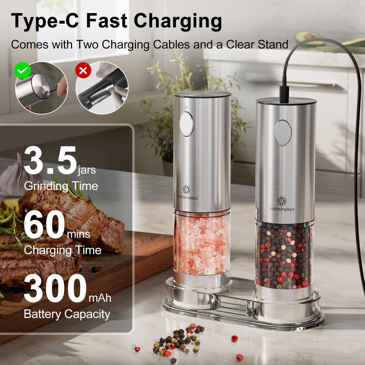 Electric Salt and Pepper Grinder Set, Upgraded 3.2oz (95ml) Large Capacity USB Rechargeable Mill with LED Light & 6 Adjustable Coarseness, Stainless Steel Shaker for Kitchen, BBQ, Gift Giving