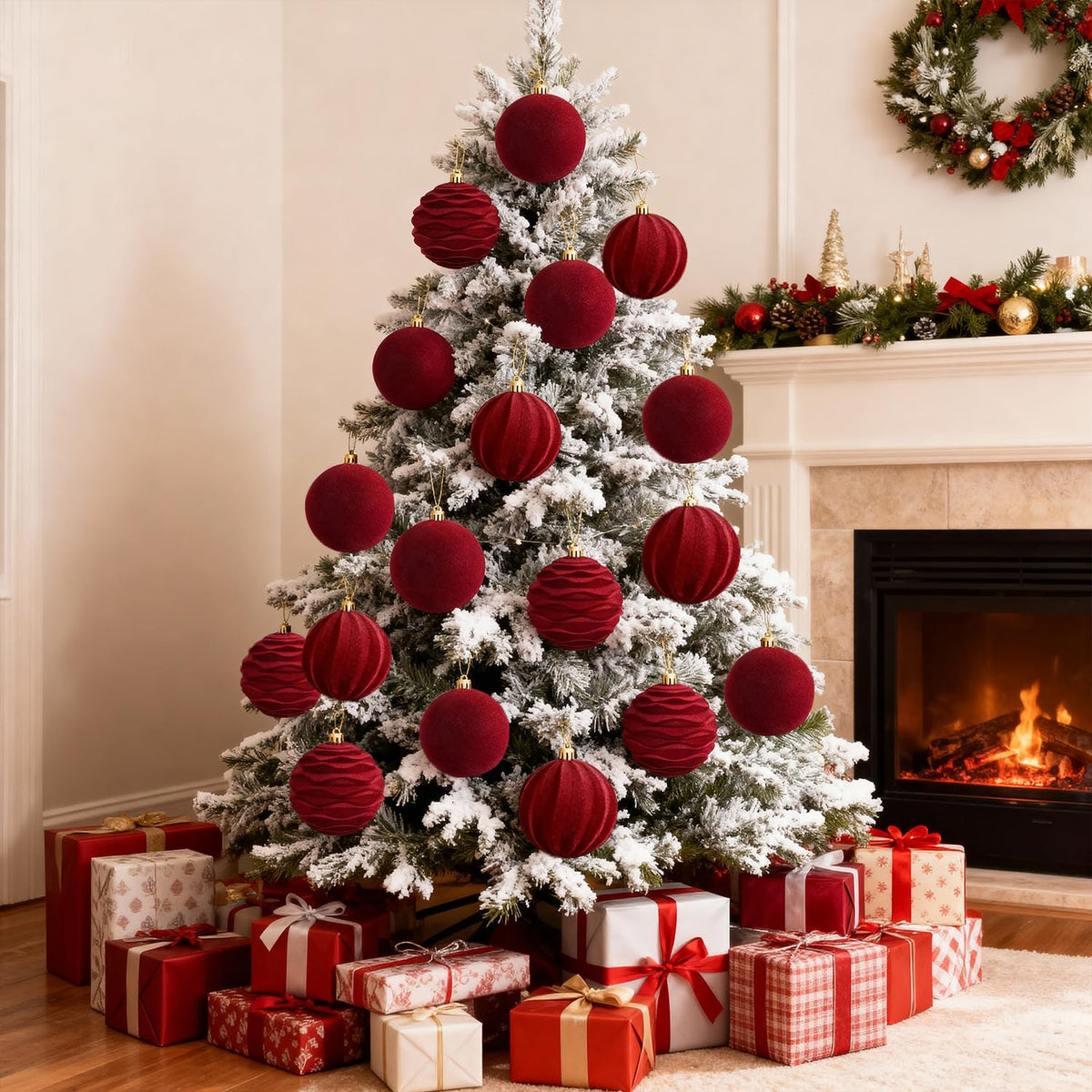 Artmag 4 PCS Large Velvet Christmas Balls Ornaments Shatterproof Hanging Set Flocked for Xmas Tree Holiday Party Decorations (Burgundy,4 Inch)