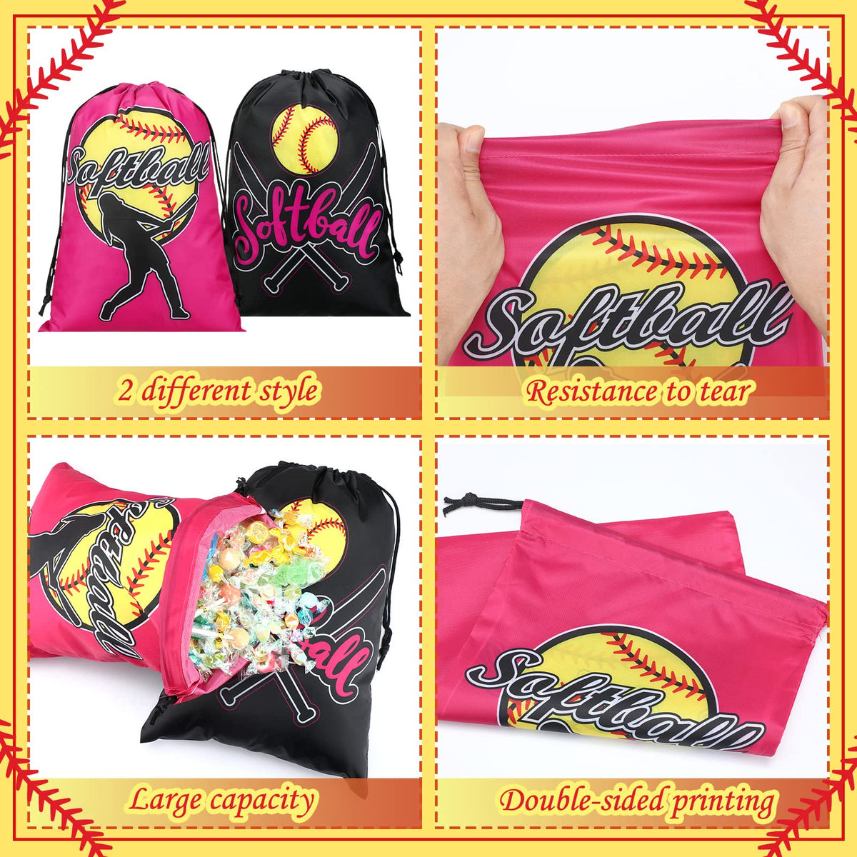Kingdder 12 Pcs Softball Drawstring Party Favor Bags Softball Treat Bags Baseball Gift Bag for Baseball Party(Pink)