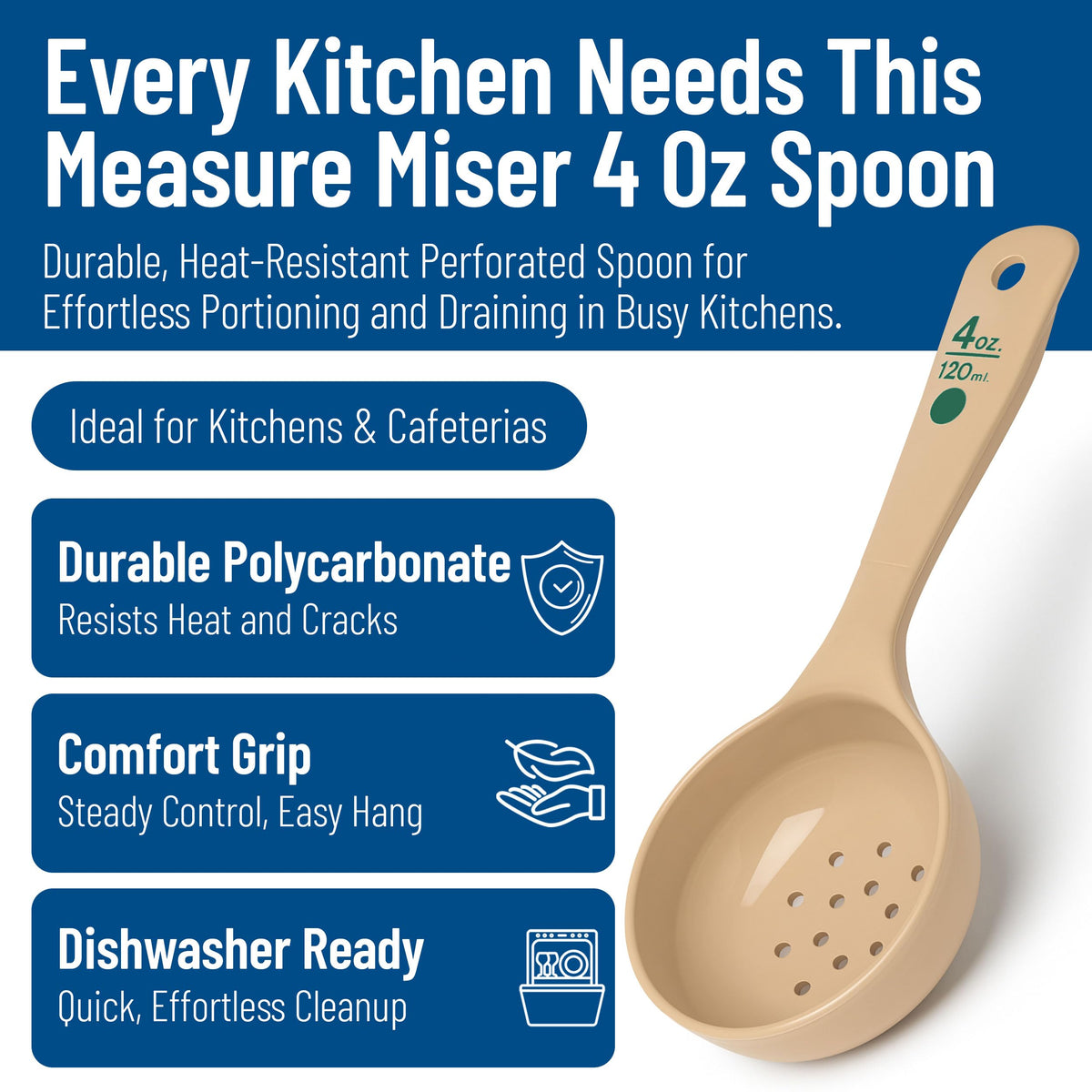 Carlisle FoodService Products Measure Miser Plastic Perforated Measuring Spoon with Short Handle, 4 Ounces, Beige