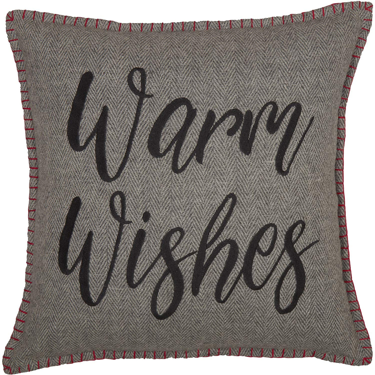 VHC Brands Anderson Warm Wishes Text Textured Felt Rustic Christmas Decor Embroidered Whipstitch Square 18x18 Filled Pillow, Cherry Red