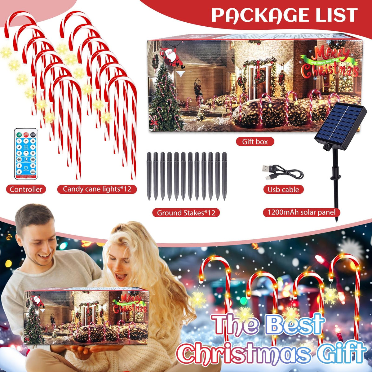 Solar Candy Cane Lights, 12 Pcs Christmas Decorations Outdoor, 8 Modes and Timer, Solar & USB Rechargeable, Waterproof Pathway Lights for Outdoor Christmas Yard Patio Walkway Decor