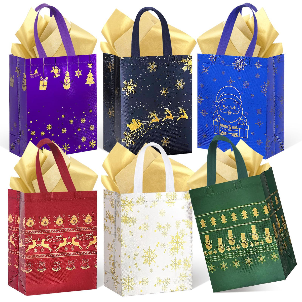 16Pack Christmas Gift Bags Medium Size with Tissue Paper - Reusable Non-Woven Tote Bags with Handles - Perfect for Gift Wrap/Party Favor Supplies - 10.2" x 8.3" x 4"