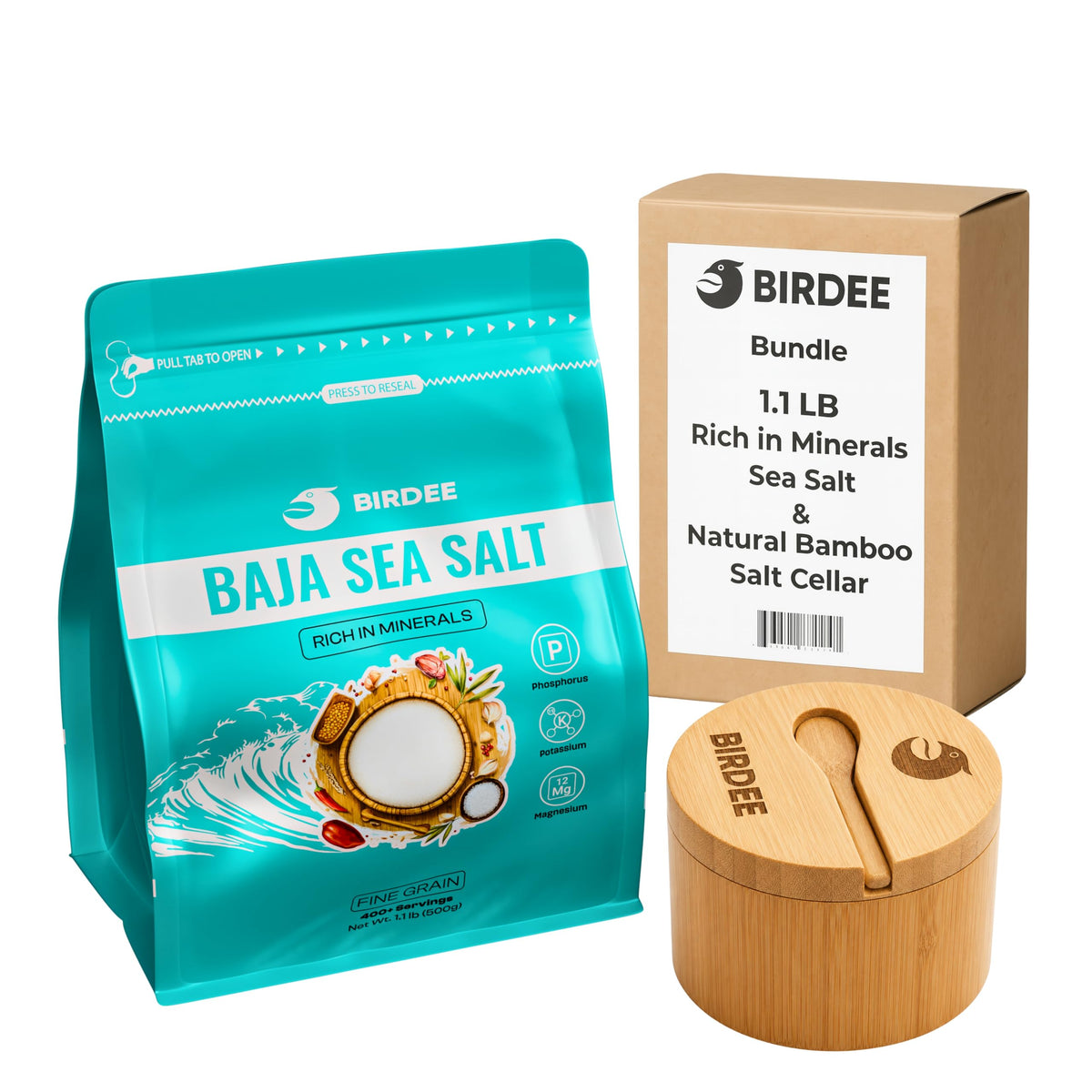 Birdee Premium Culinary Bundle – 17.6 oz Baja Sea Salt & Bamboo Salt Cellar: Fine Grain, Solar Dried, Hand-Harvested, Unrefined, with Durable 100% Bamboo Storage