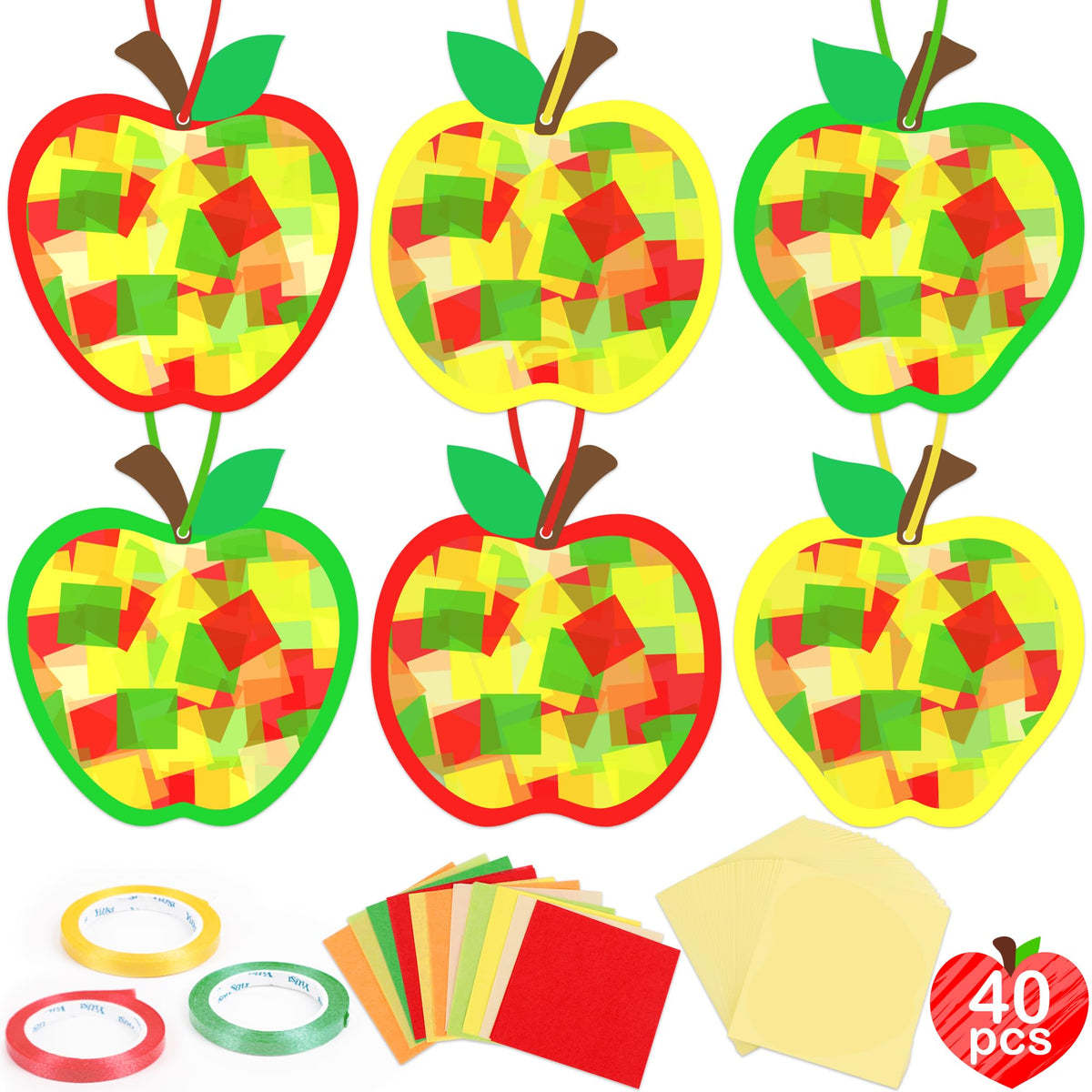 Renbuzhu 40PCS Back to School Apple-Shaped Crafts Bulk: Tissue Paper Sign Suncatchers, First Day of Classroom Activities DIY Kit, Fall Decorations, Window Stained Glass Effect Art Supplies