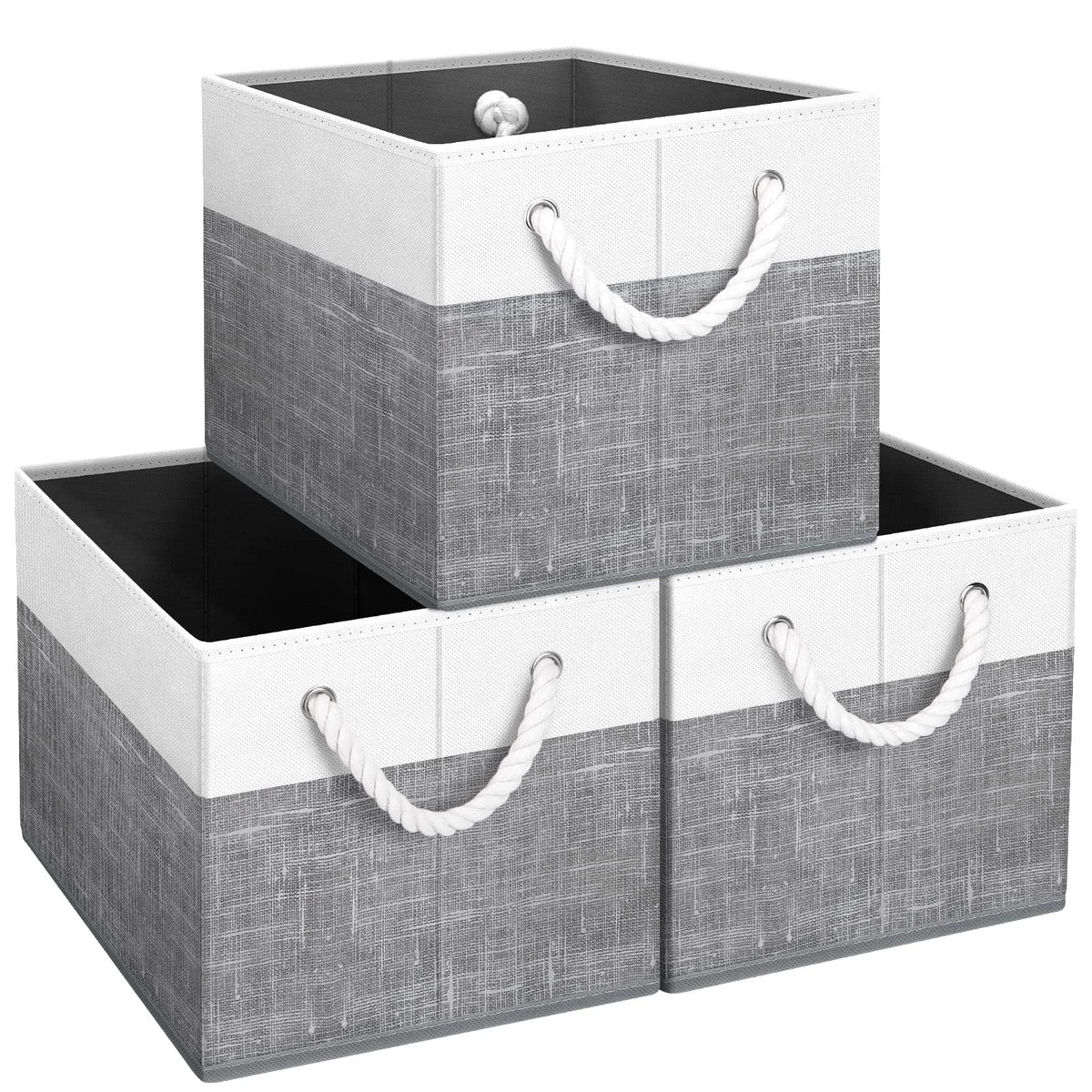 Fab totes Storage Bins 3-Pack, Foldable Storage Baskets for Organizing Toys, Books, Shelves, Closet, Large Storage Box with Rope Handles, Sturdy Organizer Bins, White & Grey