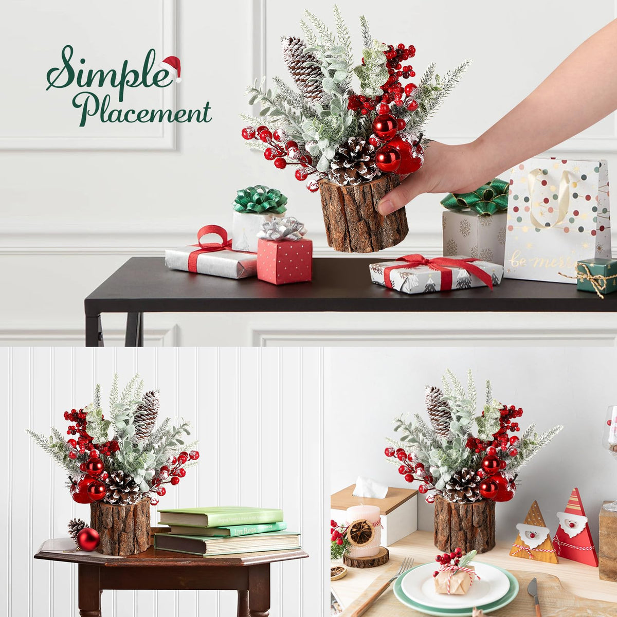 hatisan Small Christmas Tree, Artificial Christmas Tree with Christmas Ornaments Pine Cone Berry, Tabletop Christmas Tree for Christmas Decorations Home Room Party Winter Indoor Outdoor((Red-Round)