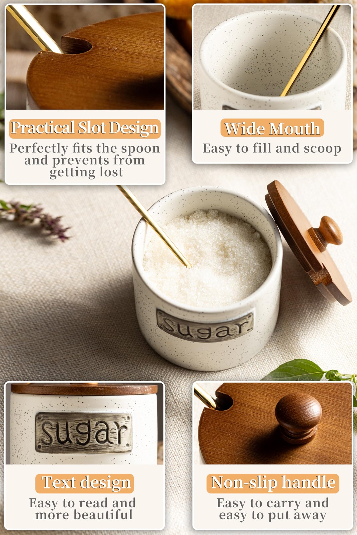 LYEOBOH Sugar Container, Ceramic Sugar Bowl with Lid and Spoon,15 OZ Sugar Holder for Coffee Bar Accessories, Sugar Jar for Countertop, Azucarera Farmhouse Home and Kitchen, White